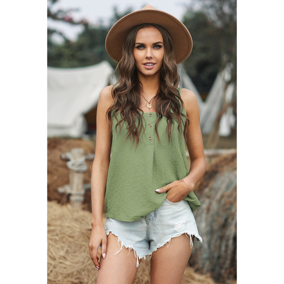 Passion of Essence Tops - Boho Green Button Textured Tank Top